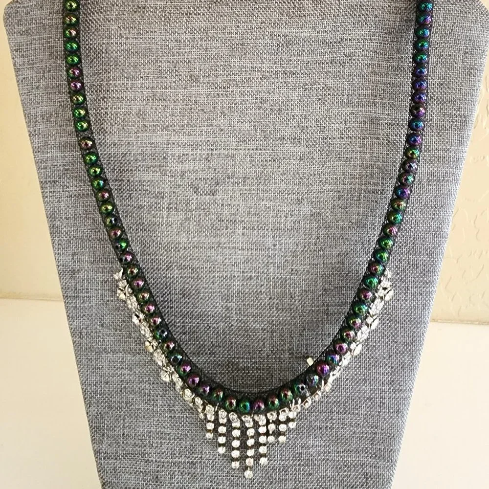 Rhinestone Cascade Fringe Black Iridescent Peacock Green Purple Bead Necklace